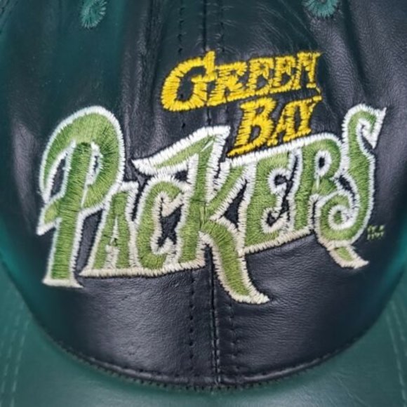 Green Bay Packers Hat Vintage 90s Genuine Leather Snapback Cap USA - Picture 7 of 11
